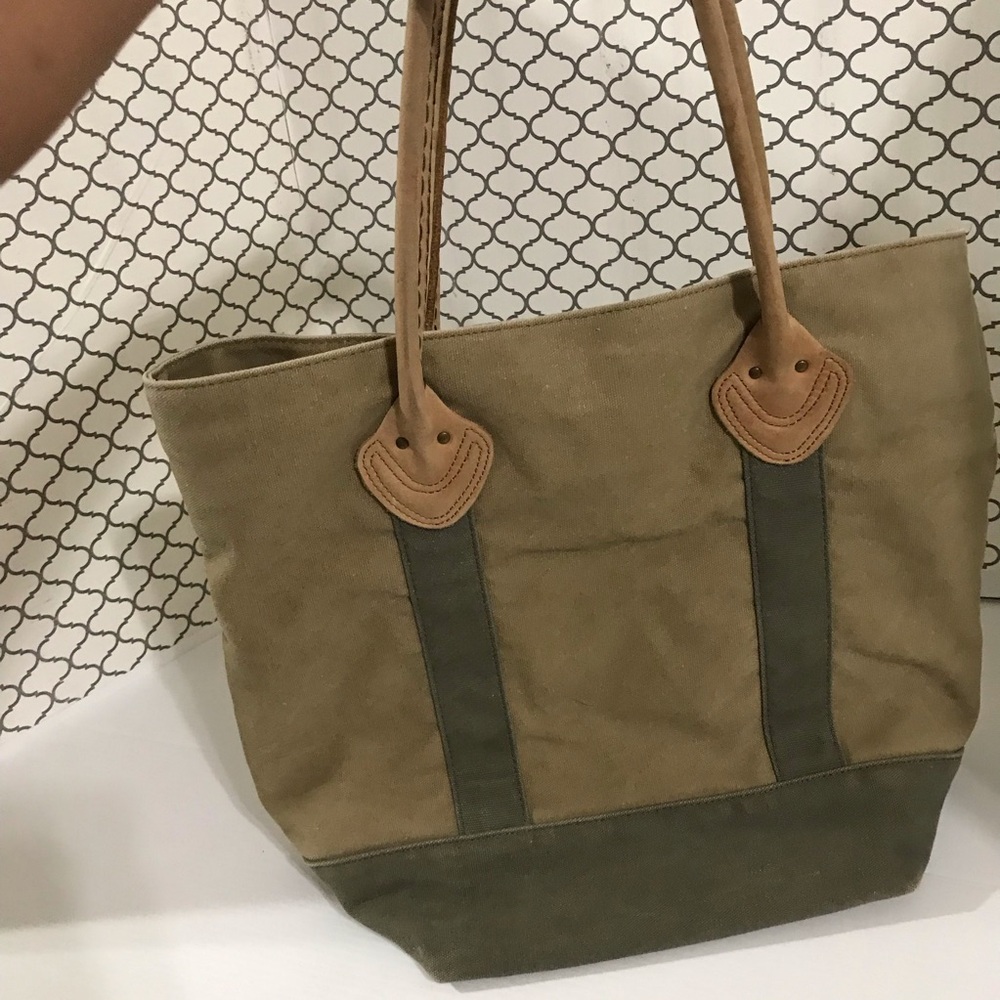 LL Bean Leather Handles Tote Bag Canvas Plaid Lined Brown Green Boat Vintage - Picture 13 of 13